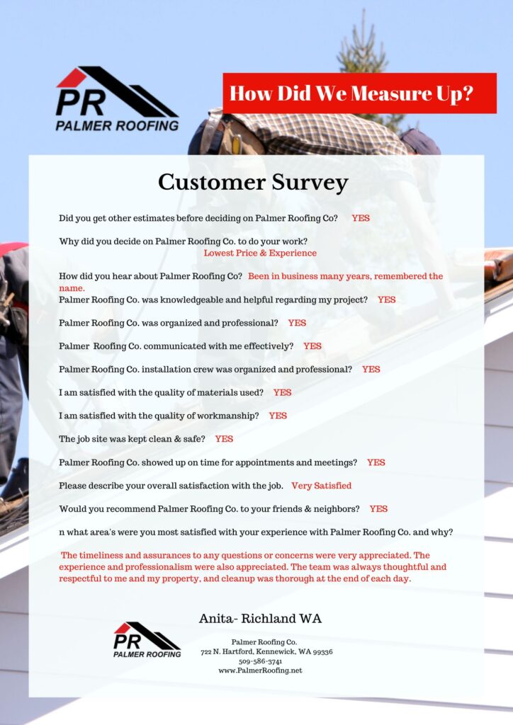 Survey from Kennewick, WA, highlighting Palmer Roofing’s outstanding roof installation services, including expert craftsmanship and excellent customer service.