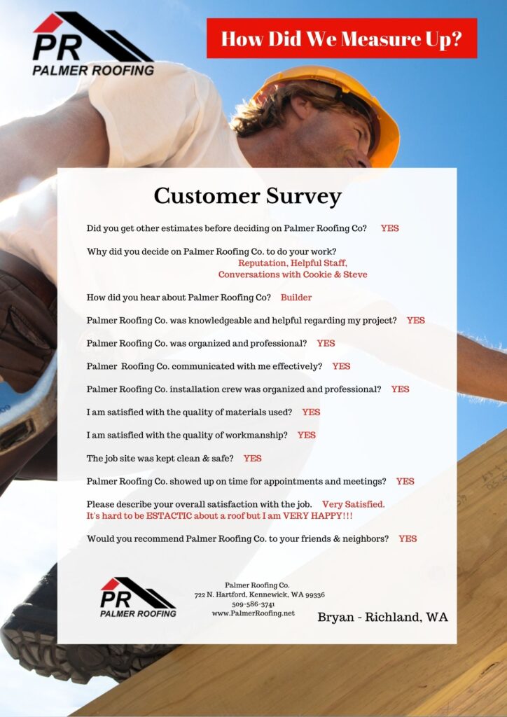 Customer survey from Pasco, WA, recommending Palmer Roofing for their high-quality roofing solutions and meticulous attention to detail during roof installation.