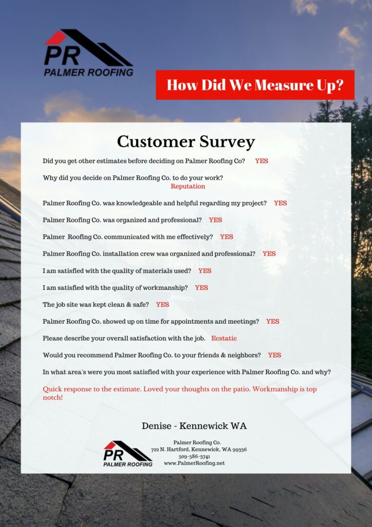 Palmer Roofing customer survey from Kennewick, WA, highlighting the company’s excellent communication and efficient roofing services on a residential project.