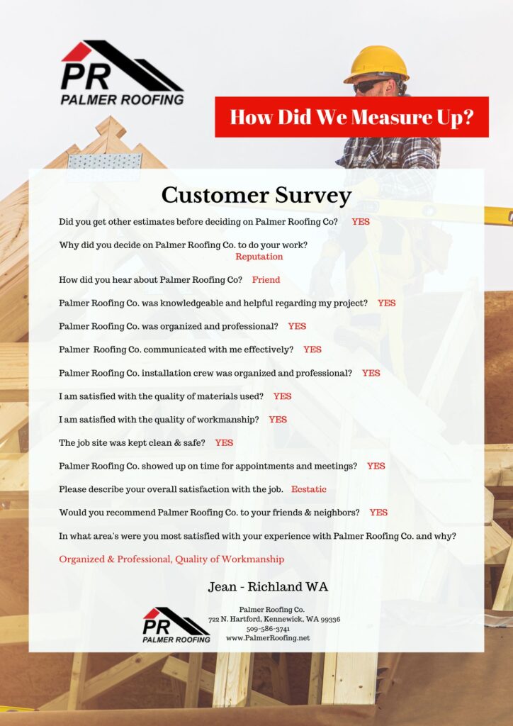 Customer feedback from Yakima, WA, highlighting the excellent communication and timely roofing services provided by Palmer Roofing for her residential home.