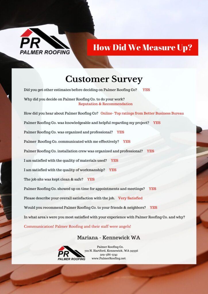 Palmer Roofing customer survey from Kennewick, WA, recommending the company for their reliable service and high-quality roofing solutions.