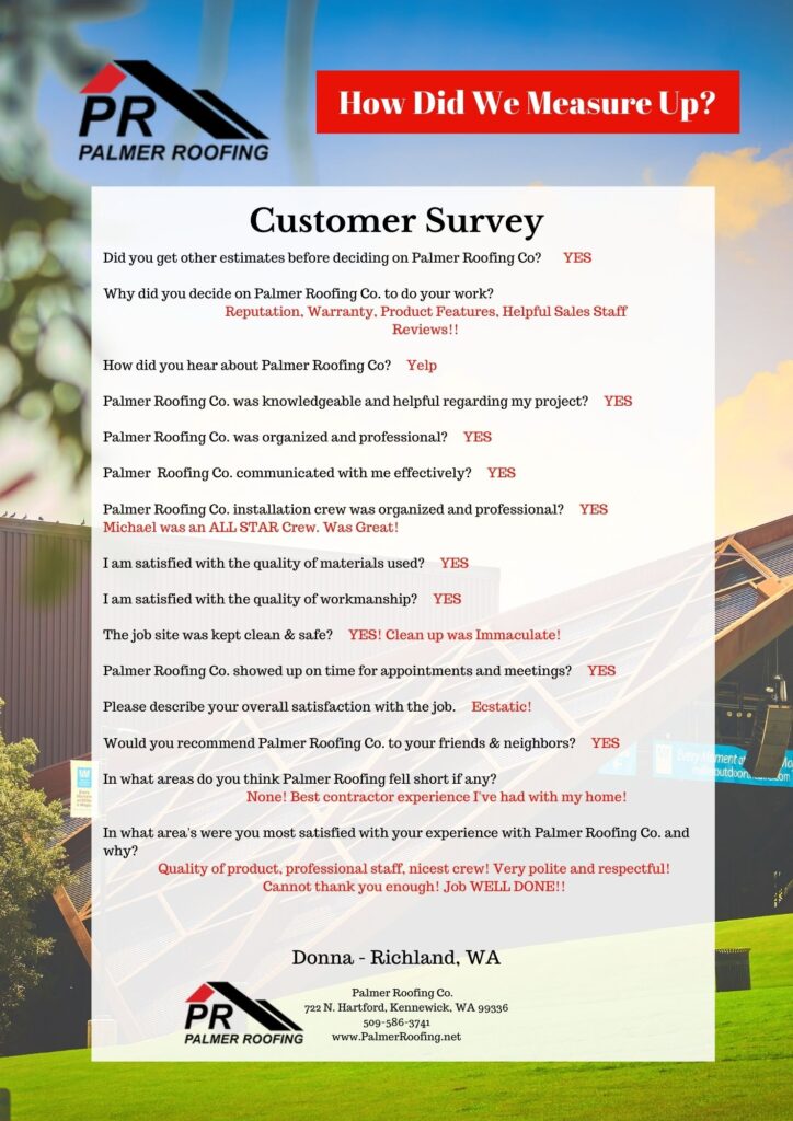 Palmer Roofing customer survey with feedback from local residents about their recent roofing project, highlighting trust and satisfaction with the company's work.