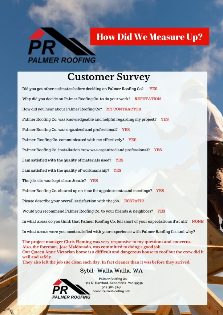 Palmer Roofing Company Roofing Service Customer Survey